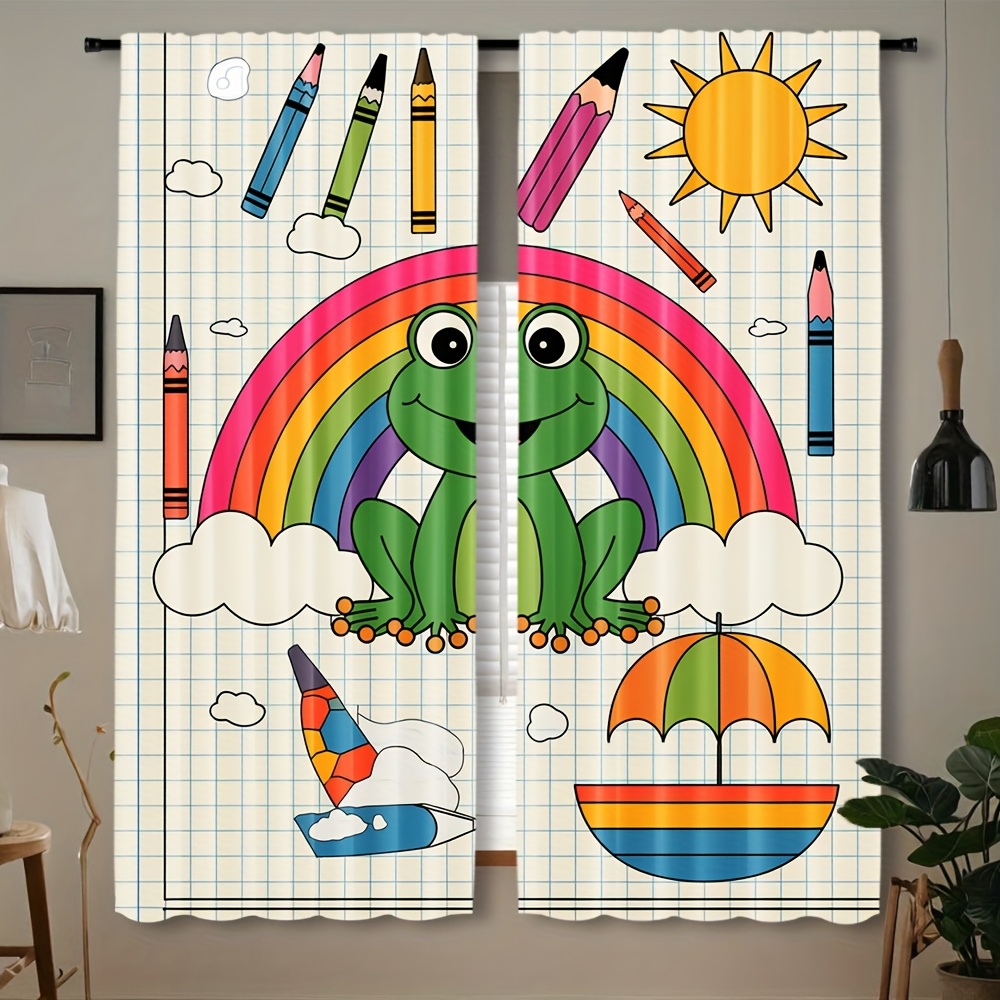 Baby Nursery Themes Girl - Sevimli Gökkuşağı Kurbağa Perde pencere dekorasyonu