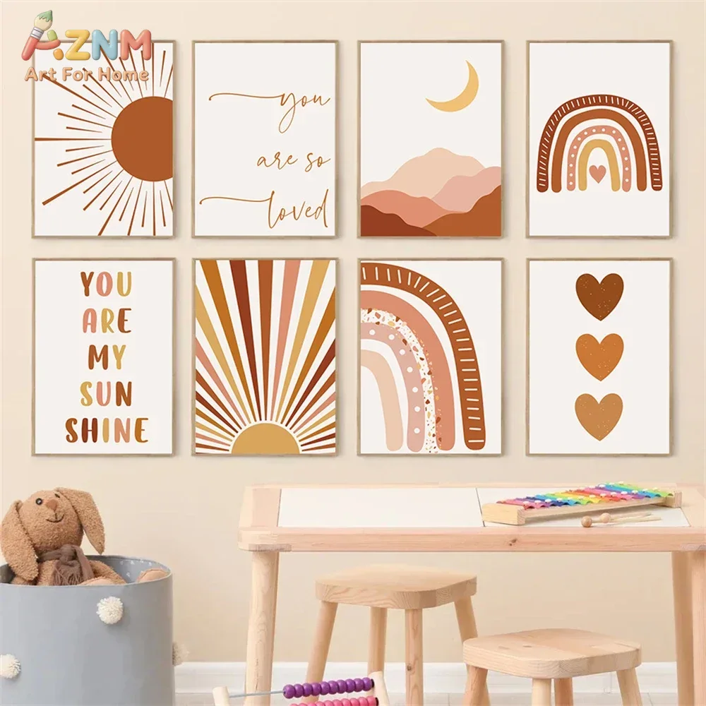 Baby Nursery Wall Art - AZNM Boho Güneş Ay Gökkuşağı Kanvas