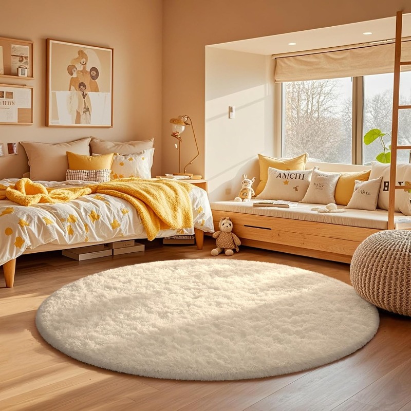 Baby Nursery Mat - Yuvarlak Krem Beyaz Halı Yumuşak Kabarık