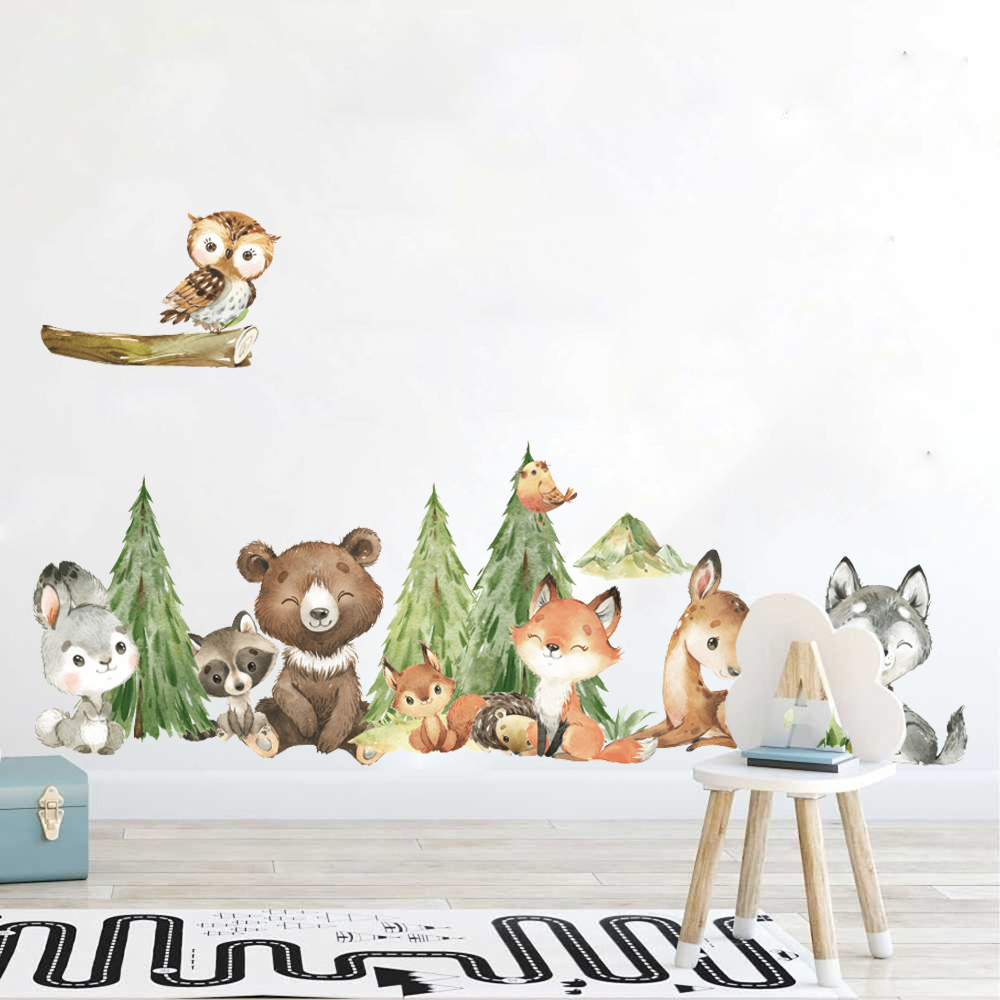 Baby Nursery Wallpaper - Karikatür Suluboya Orman Hayvan Duvar Sticker