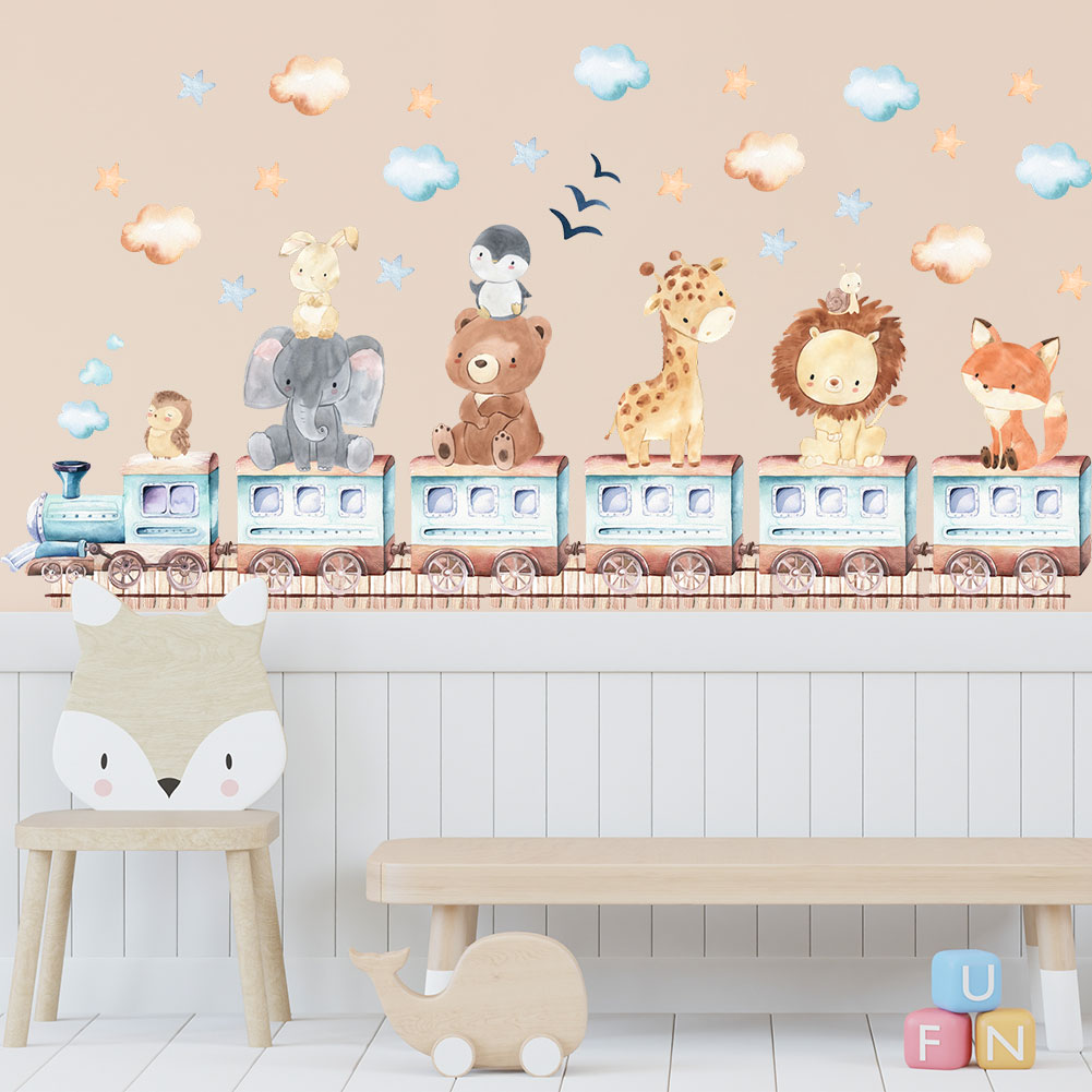 Baby Nursery Wallpaper - Karikatür tren çıkartmalar aslan fil duvar