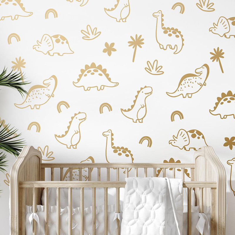 Baby Nursery Wallpaper - Geometrik Dinozor Ağacı Gökkuşağı Duvar Sticker