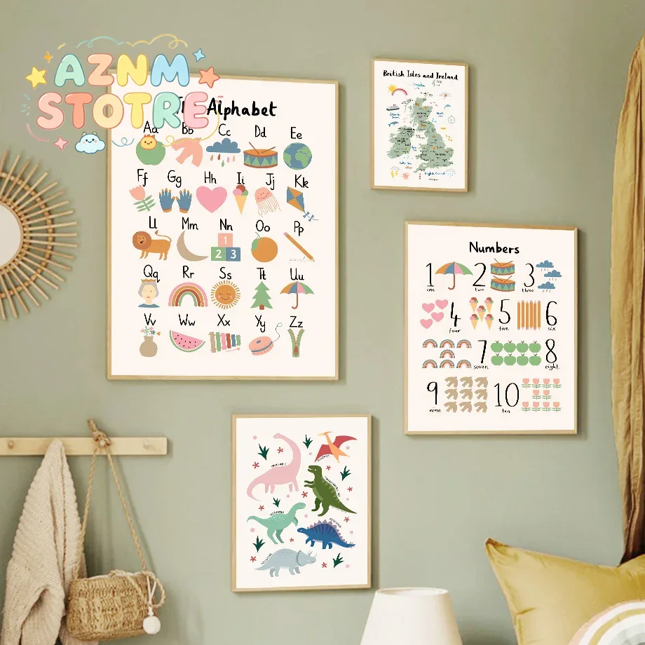 Baby Nursery Wall Art - Hayvanlar Dünya Haritası Dinozor Alfabe Sayı