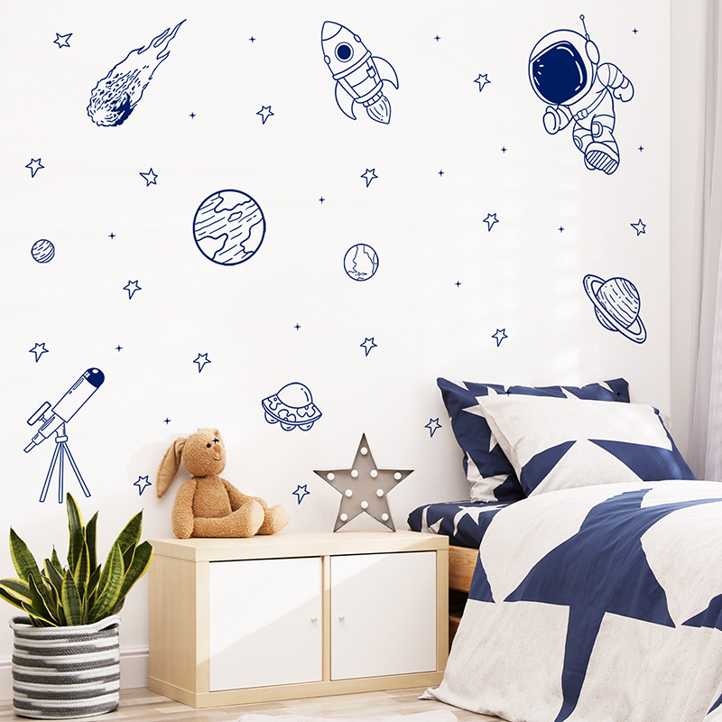 Baby Nursery Wallpaper - Karikatür Evren Astronot Gezegen Roket Duvar