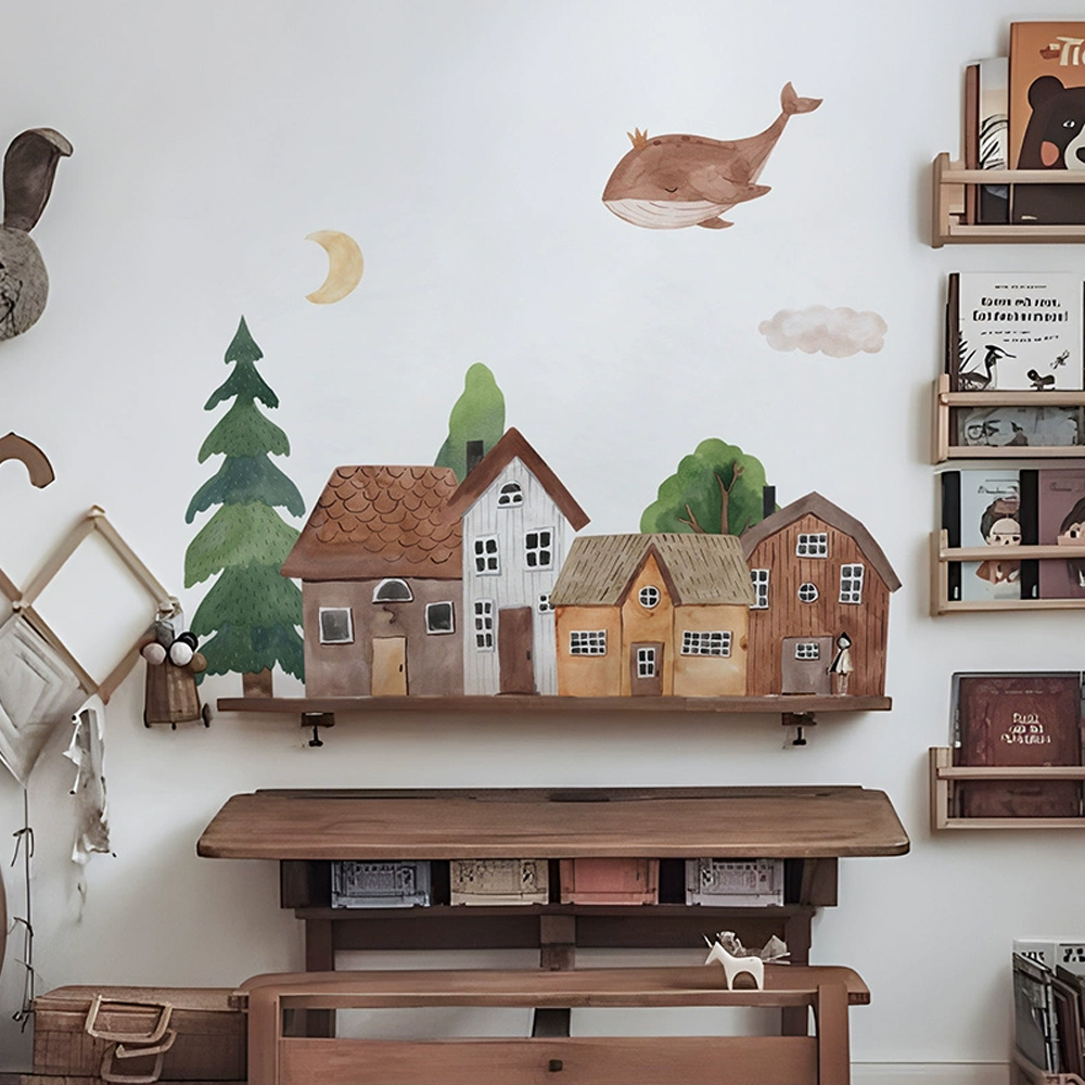 Baby Nursery Wall Art - Kumaş karikatür orman eski şehir duvar