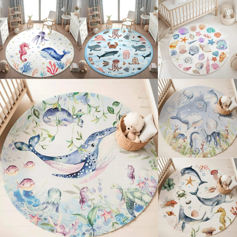 Baby Nursery Mat - Mavi Deniz Hayvanı Yuvarlak Halı Oturma
